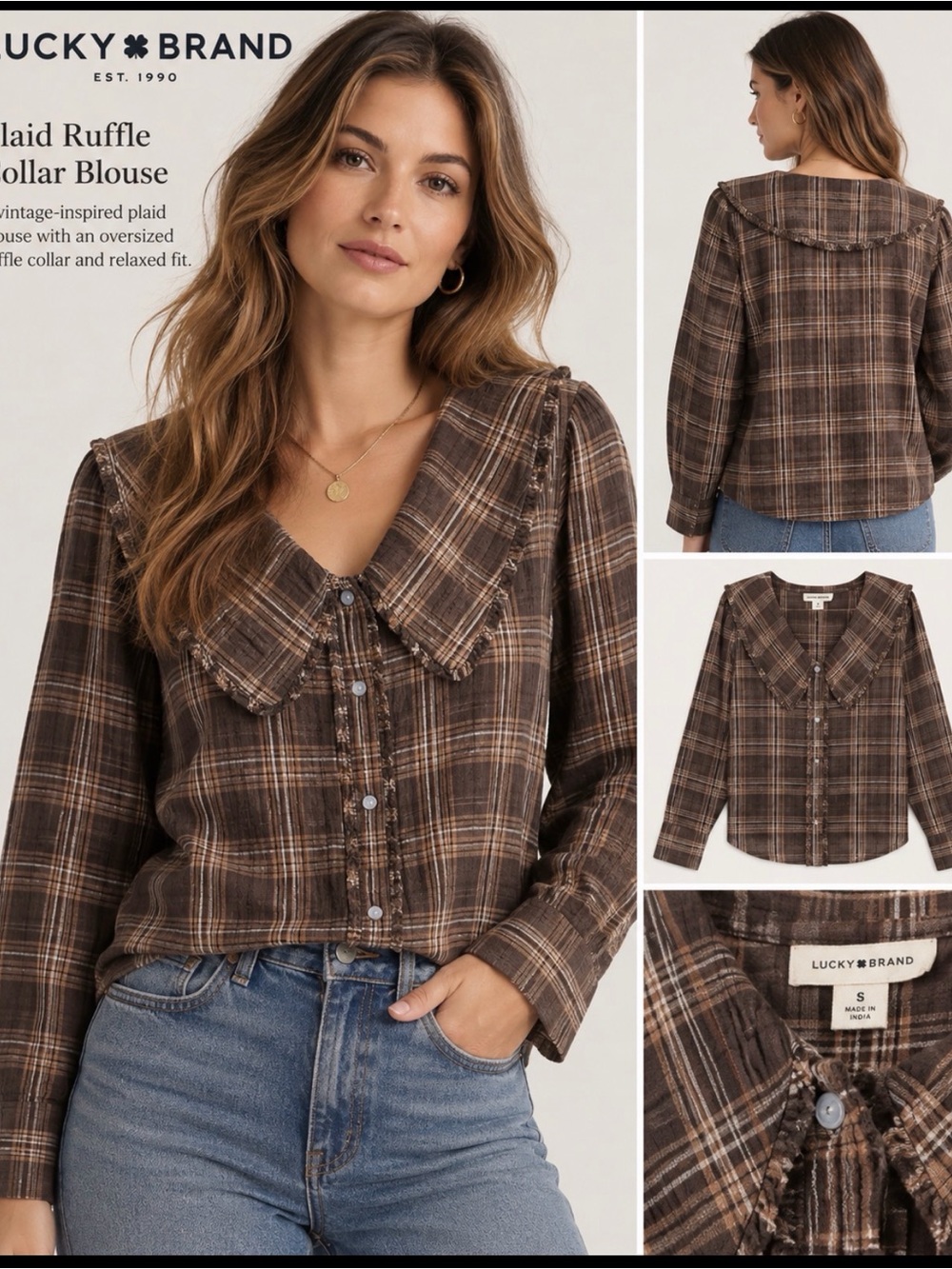 Lucky Brand Brown Plaid Button-Down Top with Wide Collar